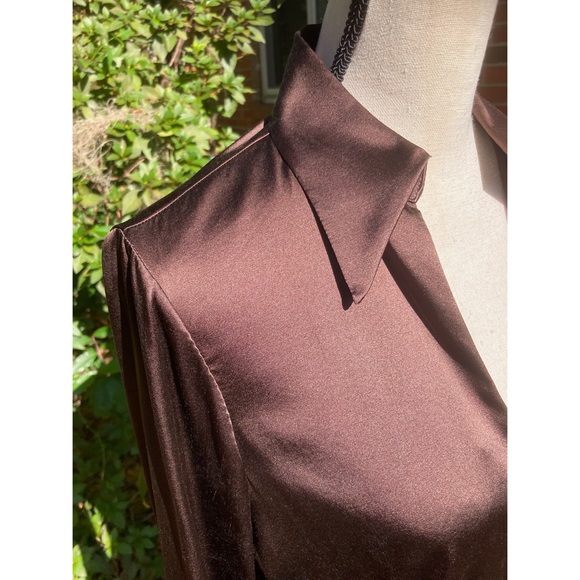 Trina Turk Brown Silk Blouse - Large, Rhinestone Cuffs Long Sleeve, Saks 5th Ave - Picture 5 of 8